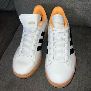 adidas White Sneakers with Navy Stripes & Orange Lining